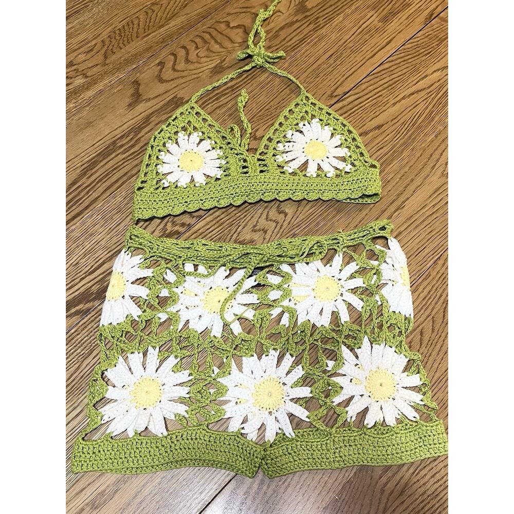 Green Daisy Crochet Bikini Top and Short Set Womens Swim Coverup Beach Cider S M